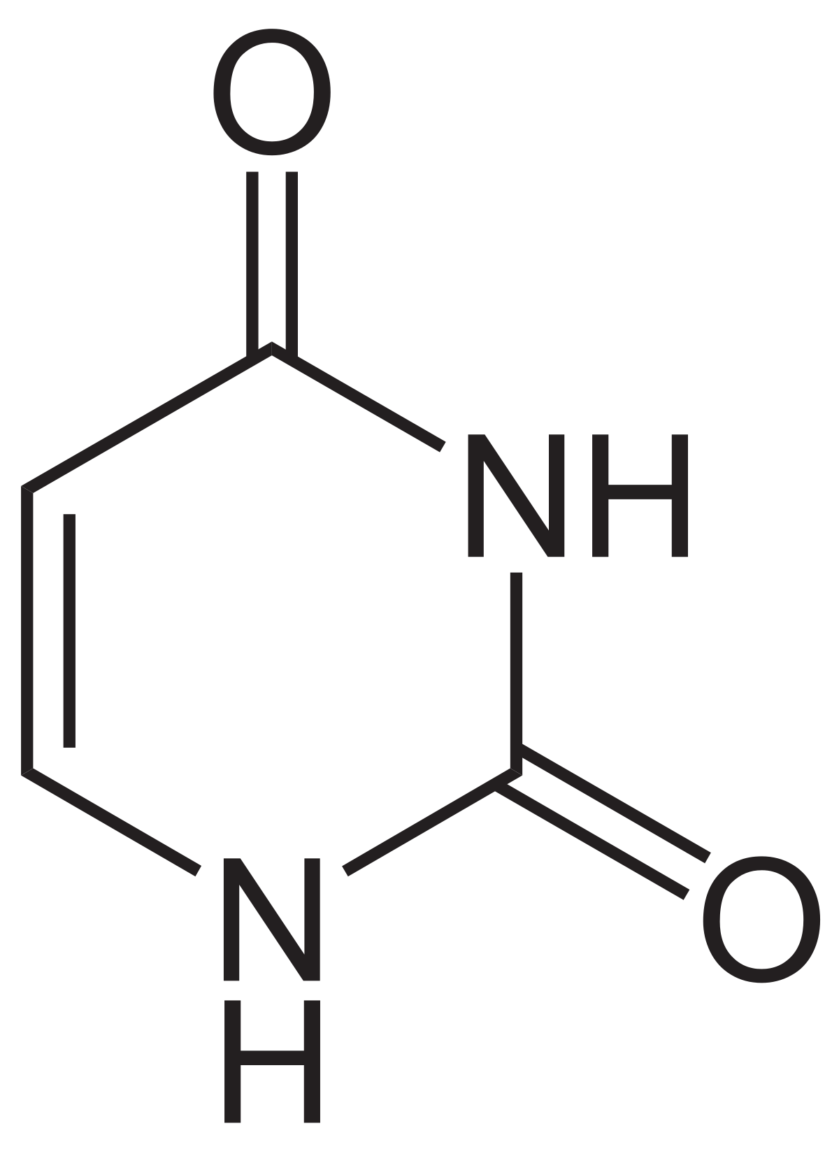 The chemical structure of uracil, showing its single-ring pyrimidine structure