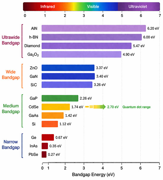 Comparison of bandgap values across different semiconductor material families
