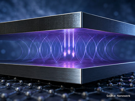 Two parallel metallic plates separated by a narrow glowing gap, with stylized purple field lines representing quantum vacuum fluctuations and the Casimir force.