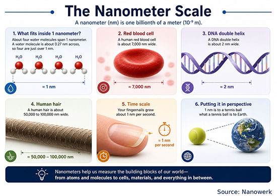 Infographic showing the nanometer scale with four water molecules spanning about 1 nanometer, a red blood cell about 7,000 nanometers wide, DNA about 2 nanometers wide, a human hair 50,000 to 100,000 nanometers wide, fingernails growing about 1 nanometer per second, and a tennis ball to Earth scale analogy.