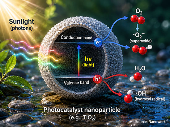 A sunlit photocatalyst nanoparticle in water shows light entering the particle, electrons moving to the conduction band, holes remaining in the valence band, and surface reactions forming superoxide and hydroxyl radicals.