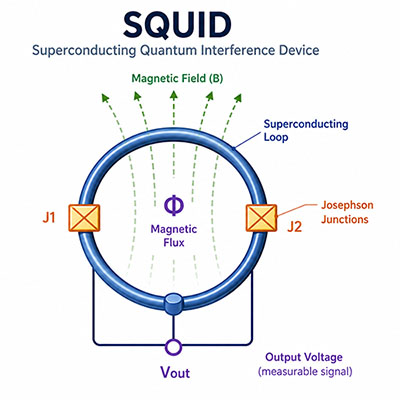 Schematic of a SQUID with a blue superconducting loop, two Josephson junctions, magnetic field lines, magnetic flux through the loop, and output voltage.