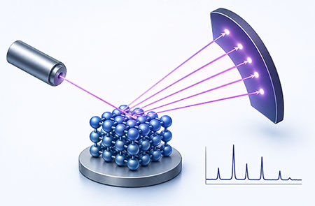 Minimal illustration of X-ray diffraction showing an X-ray beam scattering from a crystalline nanomaterial toward a curved detector, with a small diffraction pattern inset.