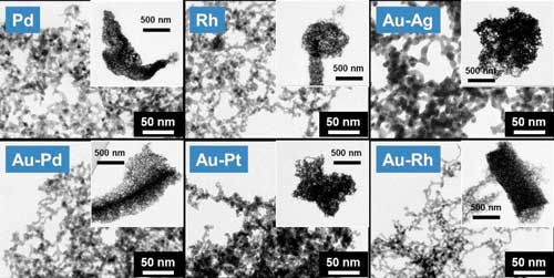 Transmission electron microscopy images of various hierarchically structured noble metal aerogels