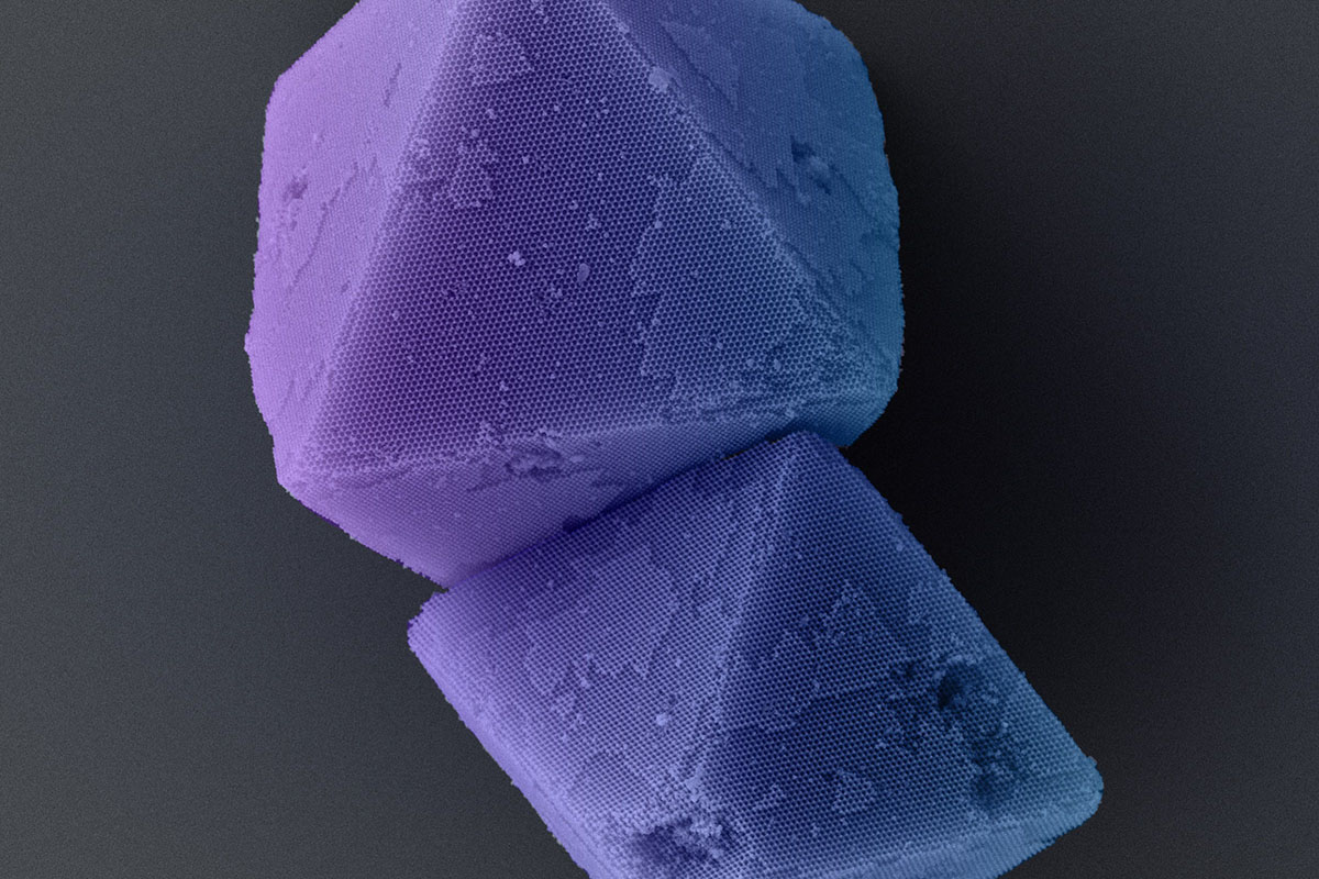 Diamond crystals made from DNA, electron microscopy image, color enhanced