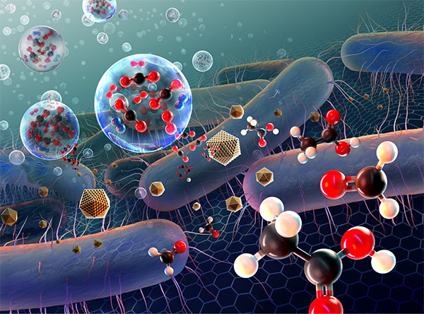 Artistic rendering of waste CO2 gas streams being upgraded to valuable chemicals by metal nanoparticles or electroactive microbes