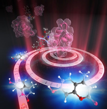 A conceptual image depicting red light from a wire-shaped LED triggering the release of an anticancer molecule within a tumor