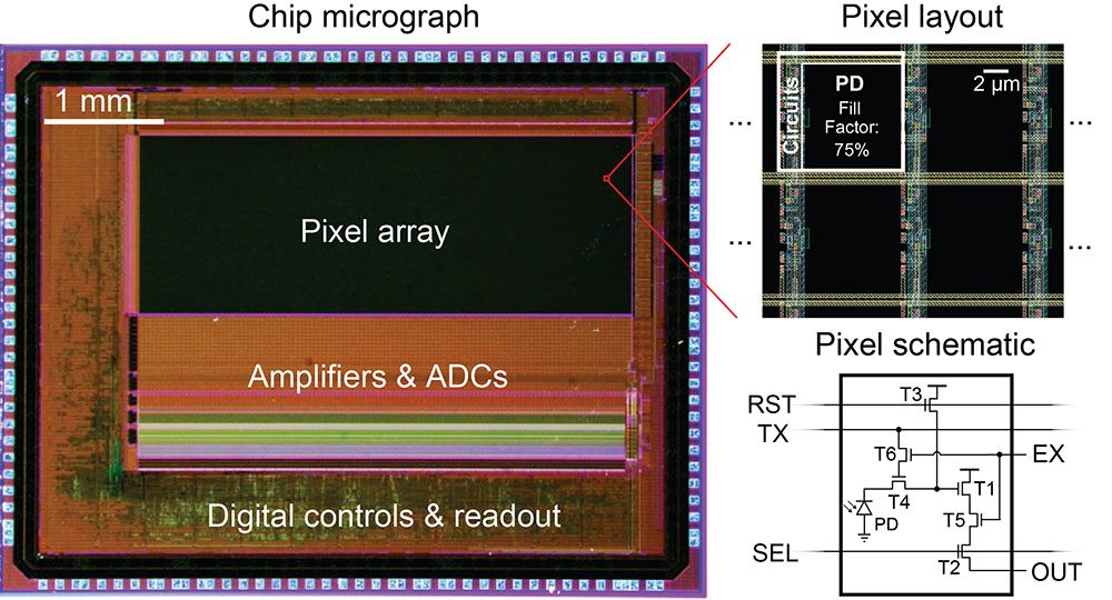 the left side shows the chip micrograph, while the right side displays the pixel layout and schematics, highlighting each circuit element