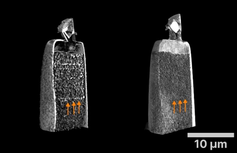 3D representation of the gold structure based on the dark field images (left) and the attenuation images (right)