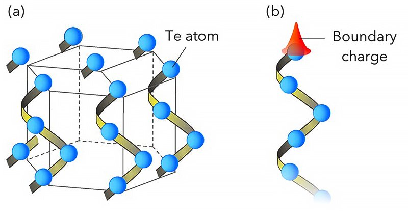 (a) Schematic of Te crystal which is formed by hexagonal arrangement of Te helix chains. (b) Single Te helix chain with boundary charge