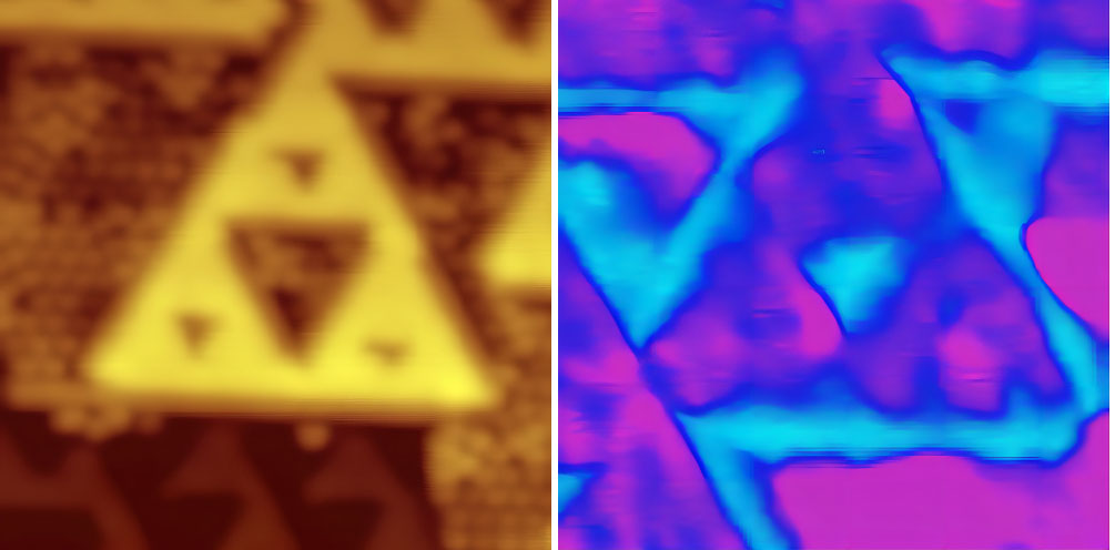 These photos were taken with a scanning tunneling microscope. Left: bismuth fractal (yellow) formed on top of indium antimonide (brown). The individual atoms are visible here. Right: the local density of electrons in a fractal