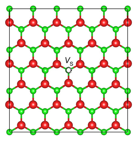 This model shows the spot where the missing chalcogen atoms should be, as represented by the black circle in the center of an otherwise undisturbed pattern of atoms