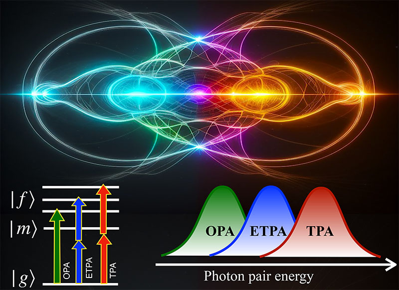 Schematic representation of the ETPA peak with respect to the absorption peak position for classical TPA and for one-photon resonant absorption (OPA)