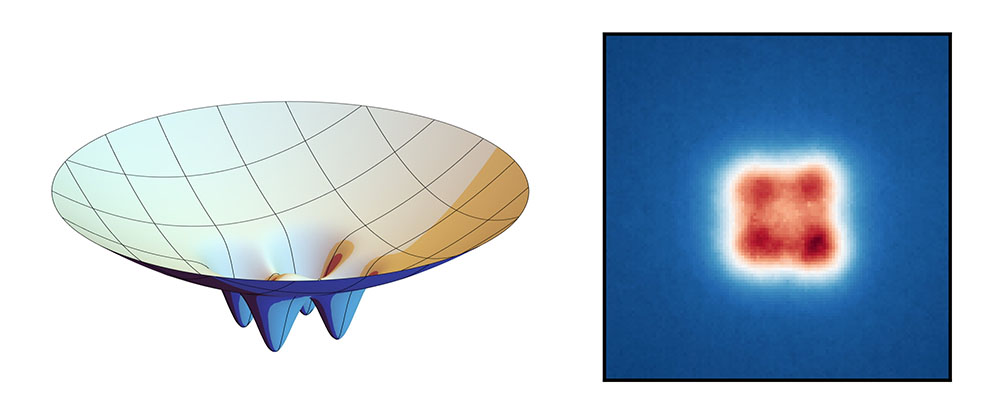 By creating indents on the reflective surfaces (shown on the left in an exaggerated form; the reflective surfaceis facing upwards), researchers were able to imprint a structure ontothe photon condensate (right)