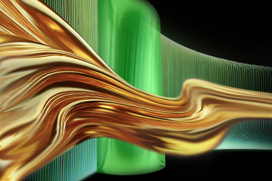 An artist’s illustration of a quantum fluid made from atoms (gold), streaming along a wall made from laser light (green), and effortlessly navigating around obstacles placed in their path