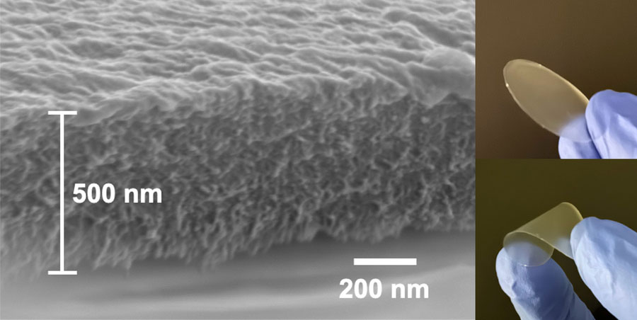 On left, nanoscopic image shows the filter is only 500nm thick. Two photos show the circular filter prototype is also flexible.