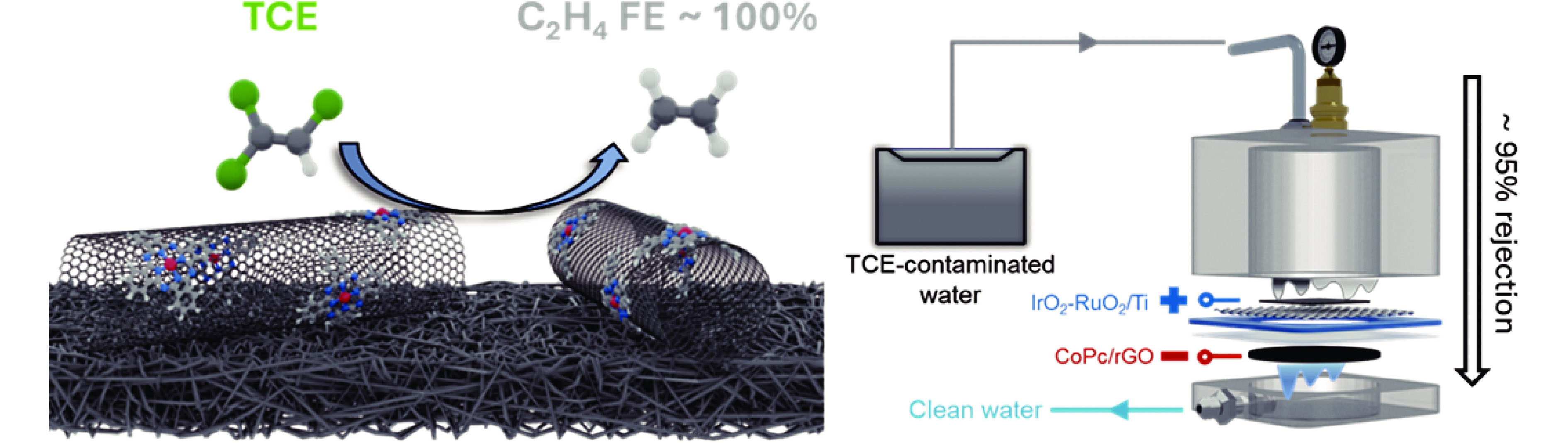 illustrations of CoPc/CNT catalyst (left) and membrane filtration device (right) for TCE breakdown