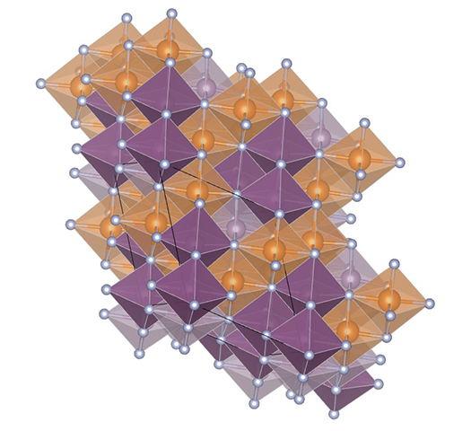 A rendering of a layered MgMoN2 compound’s crystal structure showing local regions of order