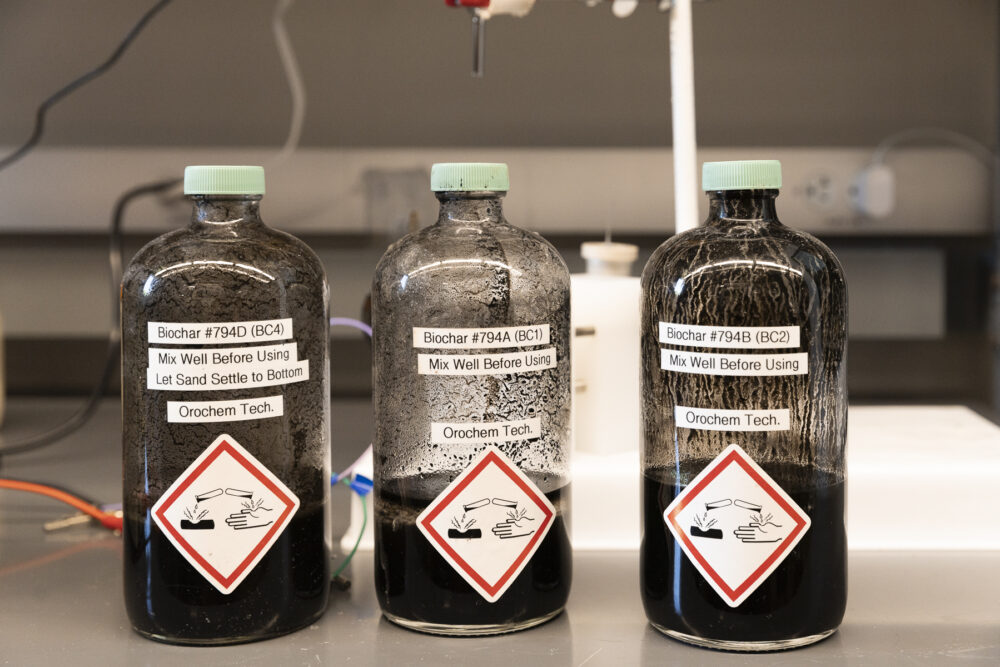 Biochar in lab bottles
