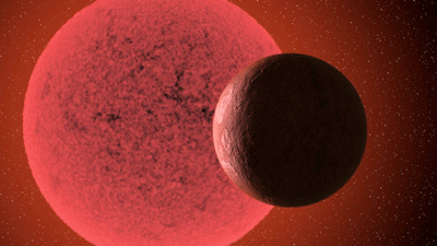 Artistic impression of the super-Earth in orbit round the red dwarf star GJ-740