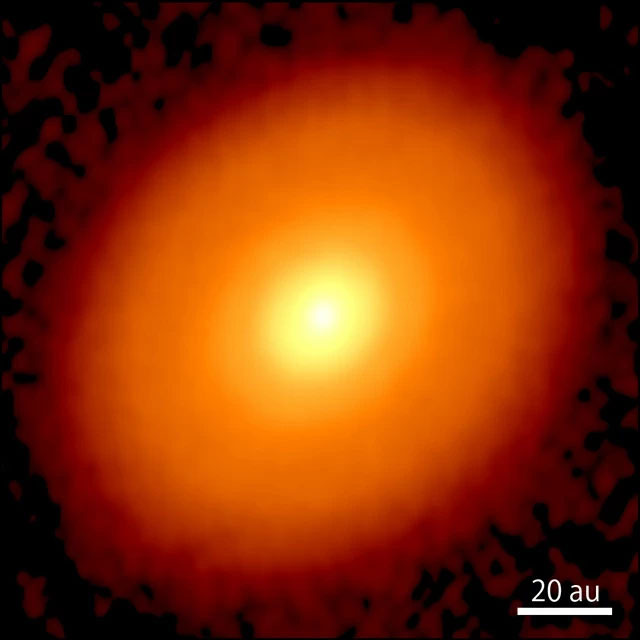 una imagen de la intensidad de las ondas de radio a una longitud de onda de 1,3 mm del disco alrededor de la estrella DG Taurus