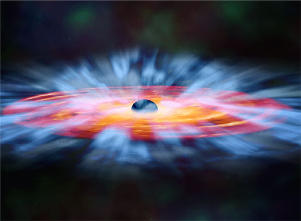An artist’s impression of a quasar wind (in light blue) being launched off of the accretion disk (red-orange) around a supermassive black hole.