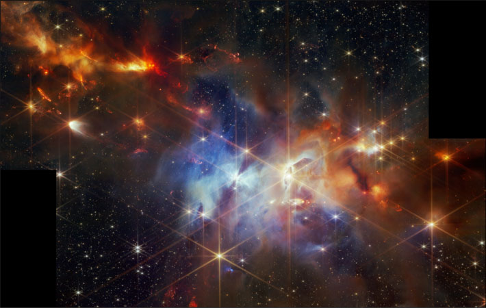 In this image of the Serpens Nebula from the Near-Infrared Camera (NIRCam) on NASA’s James Webb Space Telescope, astronomers found a grouping of aligned protostellar outflows within one small region (the top left corner)