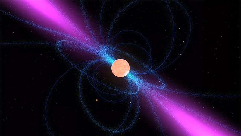 This image shows an artist's impression of a neutron star, surrounded by its strong magnetic field (blue). It emits a narrow beam of radio waves (magenta) above its magnetic poles.