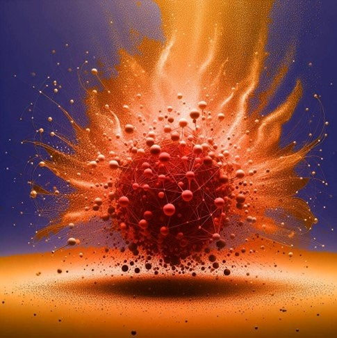 Artist’s depiction of the spray of particles arising from the collision of two heavy atoms