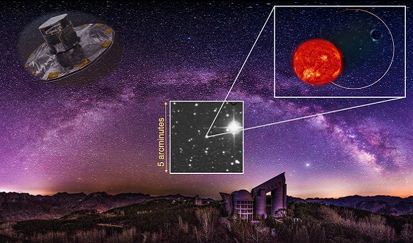 An artistic image of G3425 binary system, including a visible red giant and an invisible low-mass black hole