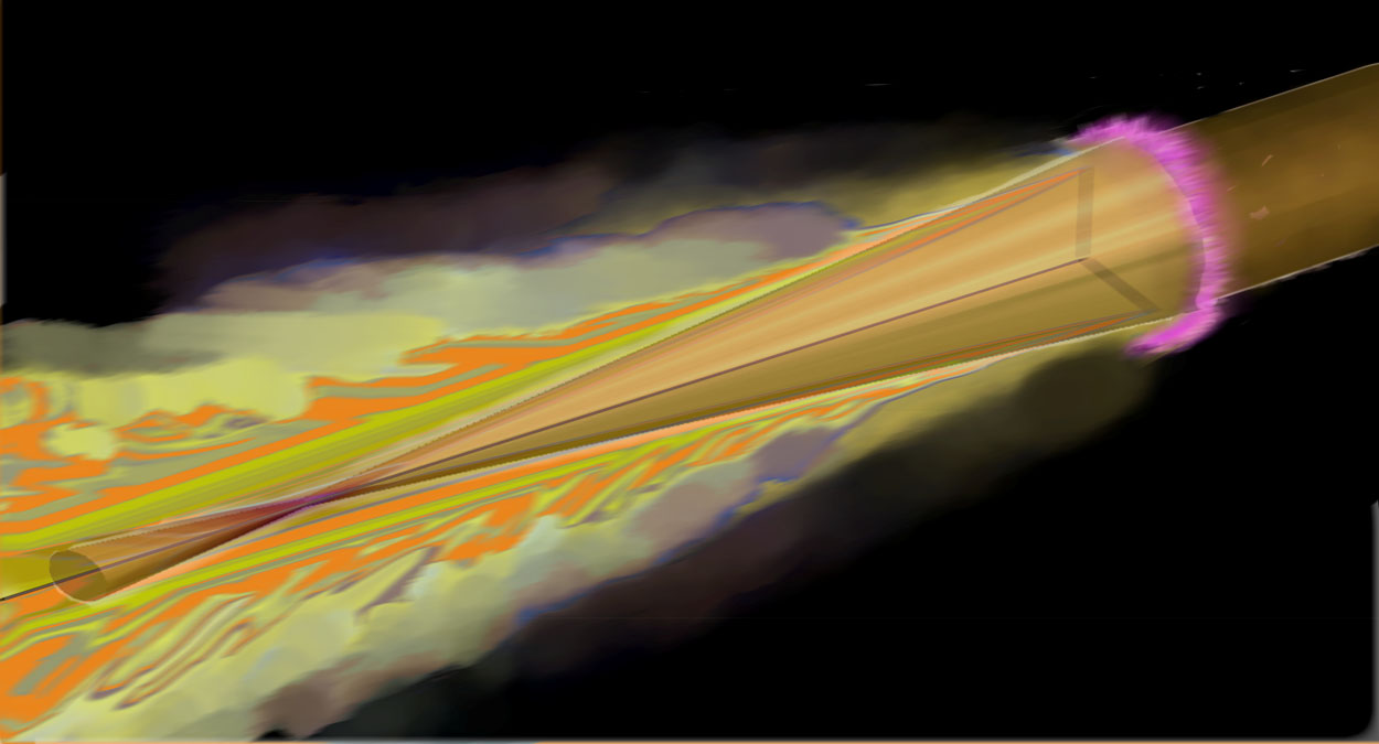 imploding wire: a strong current of high-energy electrons (pink) heats up the surface, thus driving subsequent shockwaves which compress the wire radially