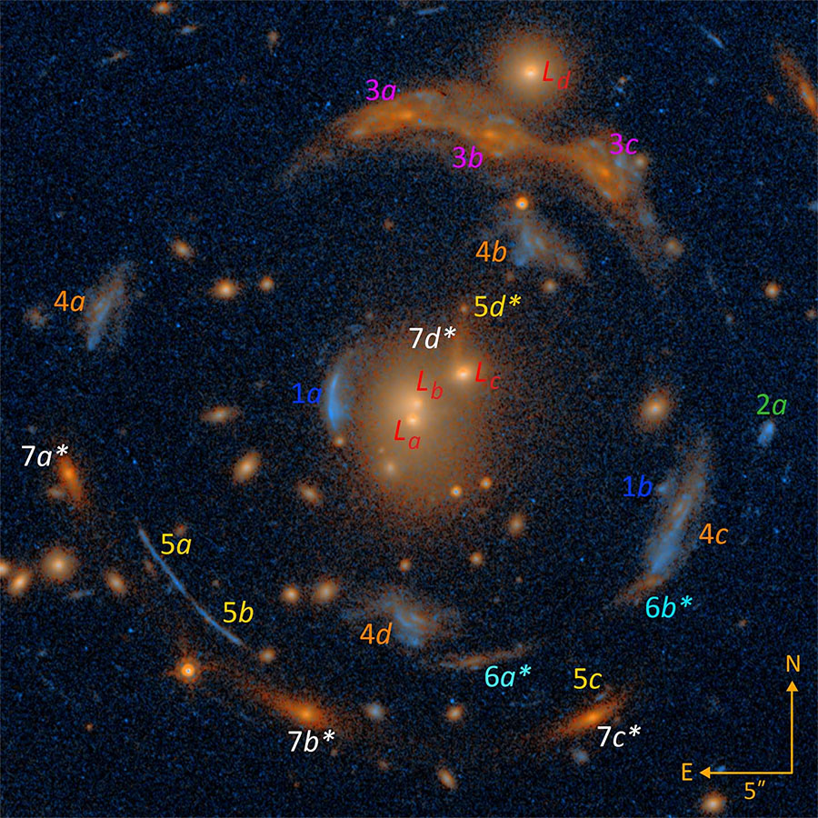 Hubble Space Telescope image of the Carousel Lens, taken in two 10-minute exposures, one using an optical filter and another using an infrared filter